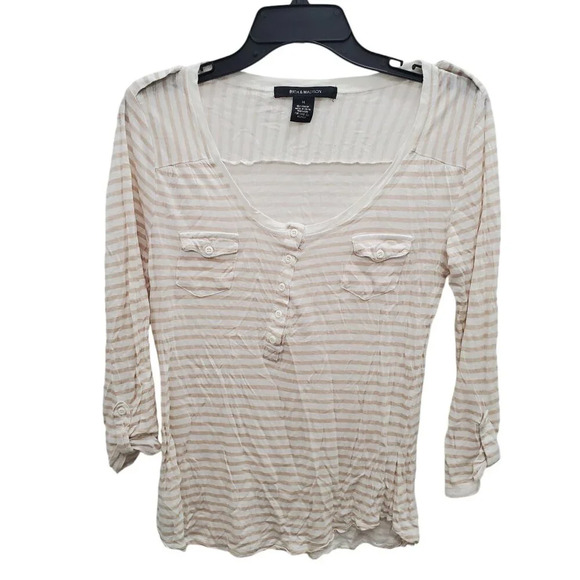 89th & Madison Women's Tan White Stripe Lightweight Knit Roll Tab Henley Top M - Picture 1 of 8